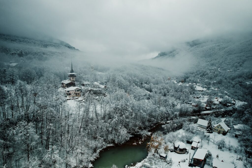 an aerial view of a village in the mountains